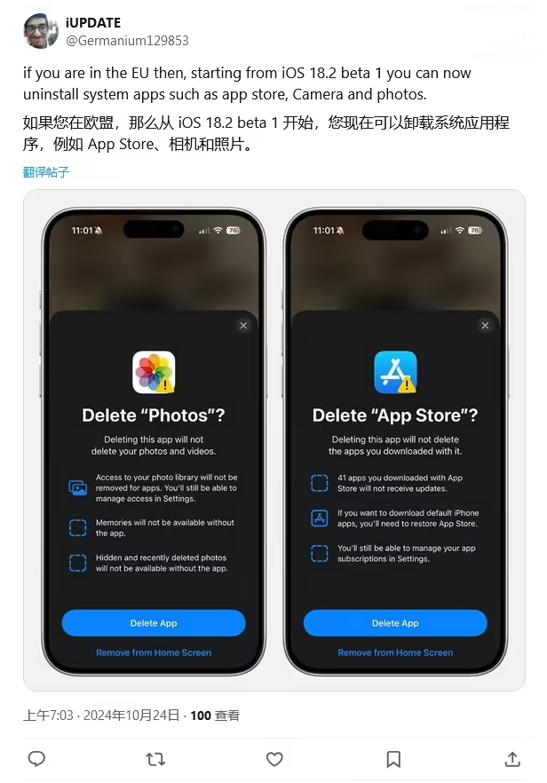 叉河镇苹果手机维修分享iOS 18.2 支持删除 App Store 应用商店 